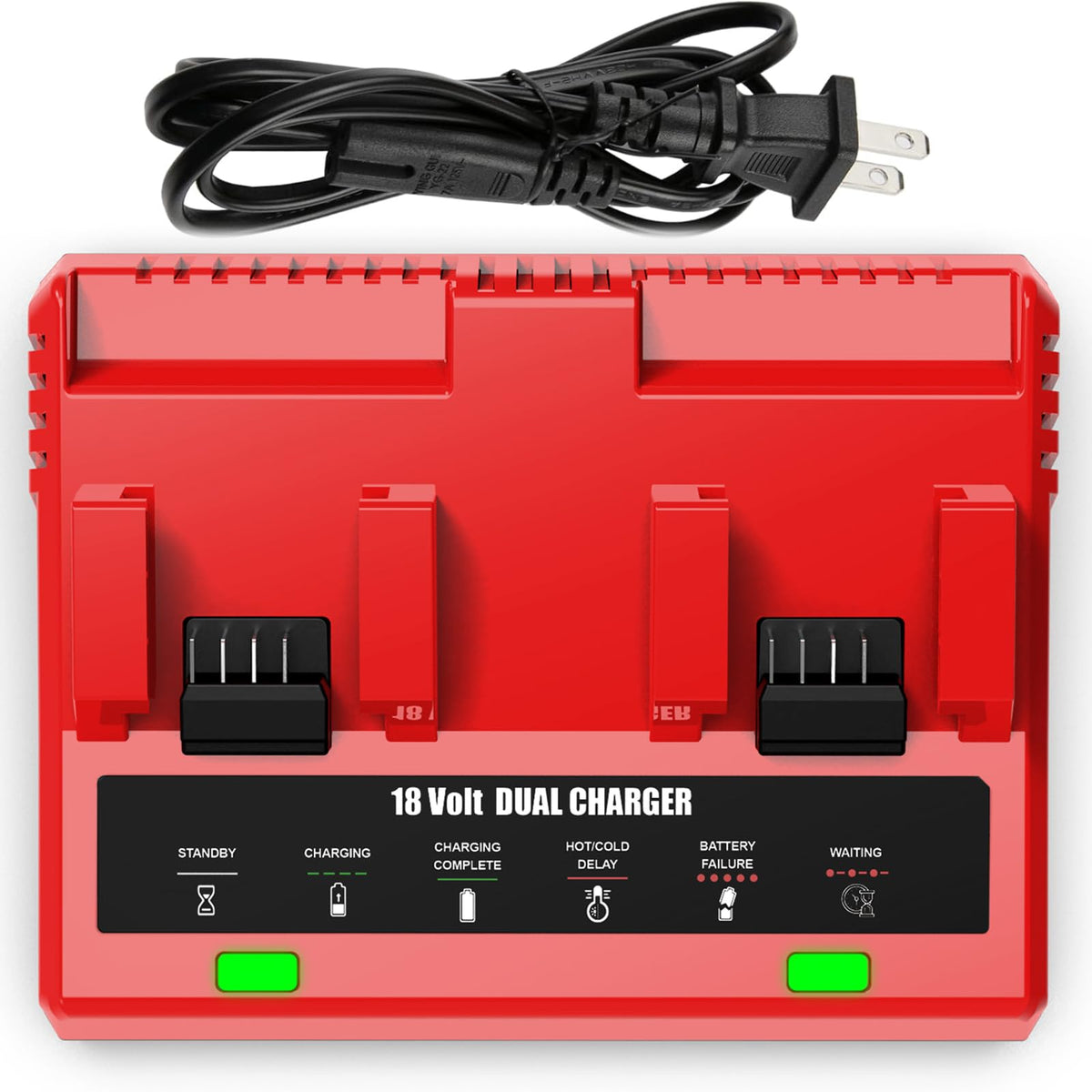 ANTRobut dual-port charger front view powering Milwaukee 18V batteries efficiently.