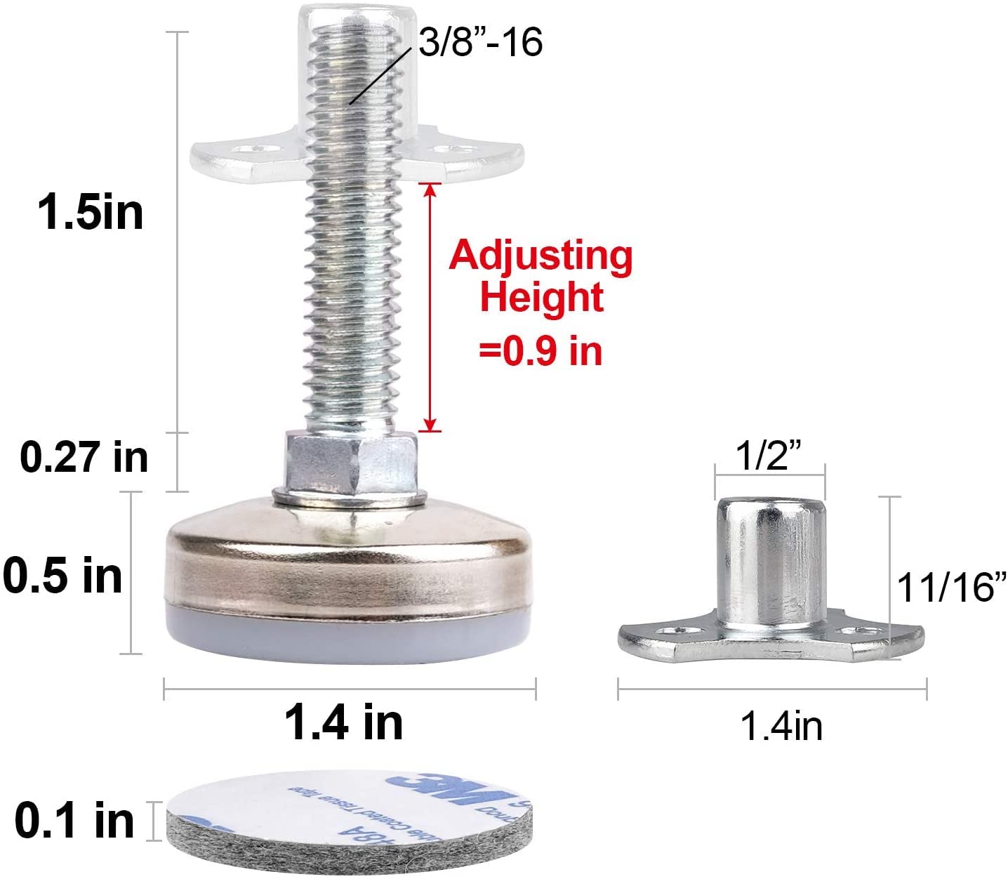 Anwenk leveling foot thread assembly shows 3/8-16 threading.