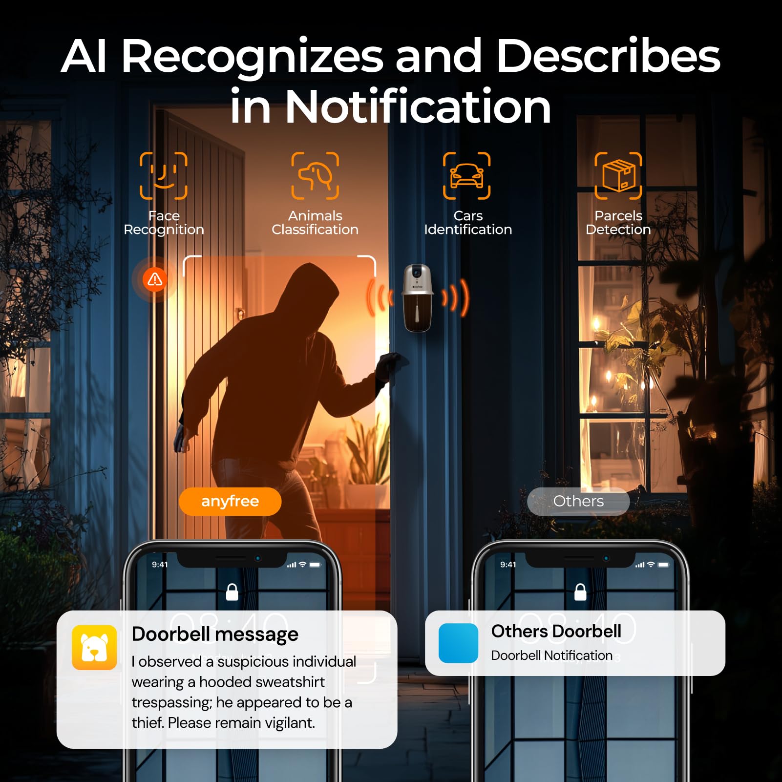anyfree doorbell camera chime night vision delivers clear footage after dark