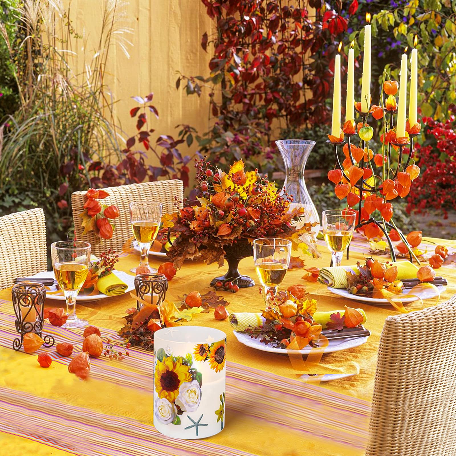 ANYGIFT sunflower candle glow creating cozy ambience on tabletops.