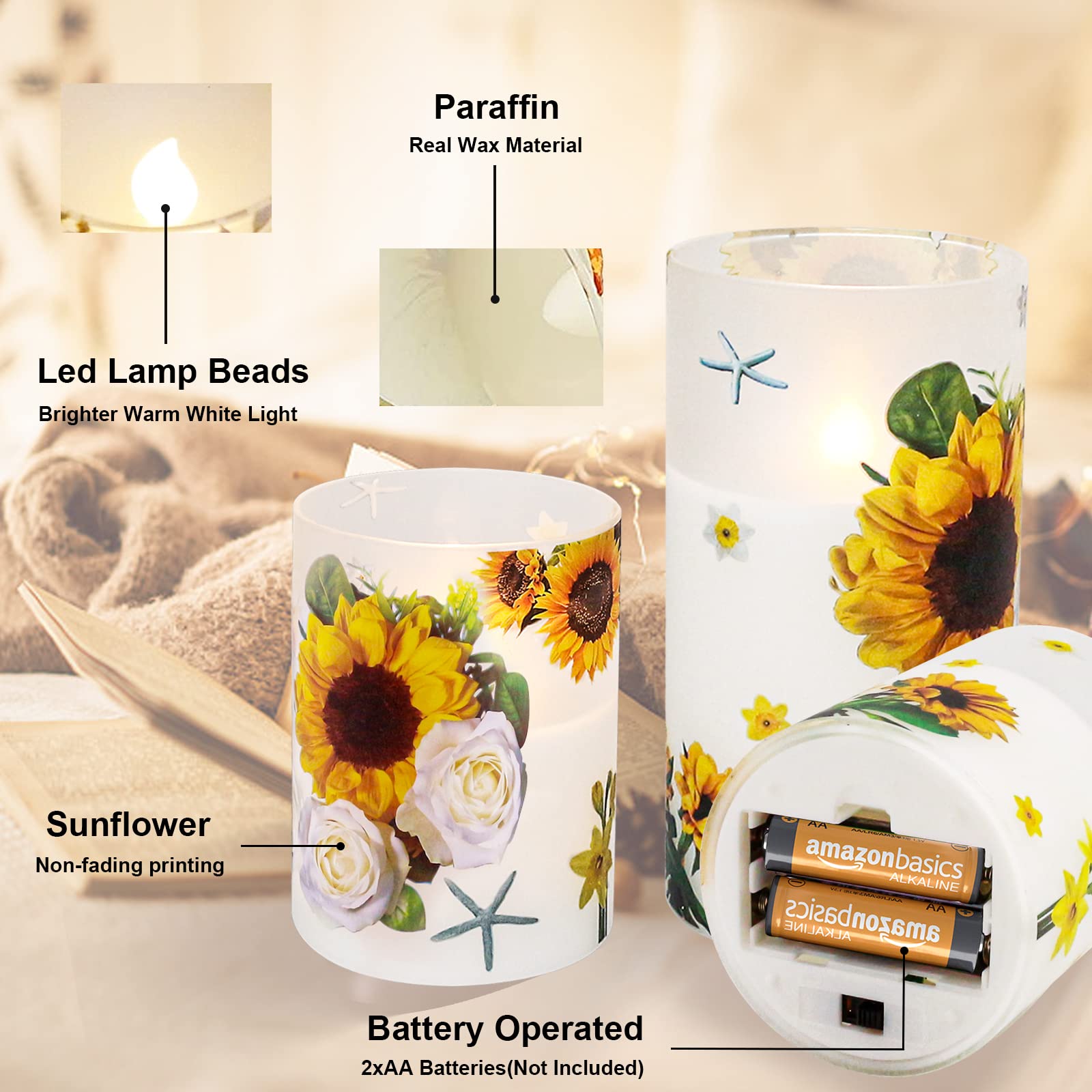 ANYGIFT sunflower décor candle set on dining table with warm glow.