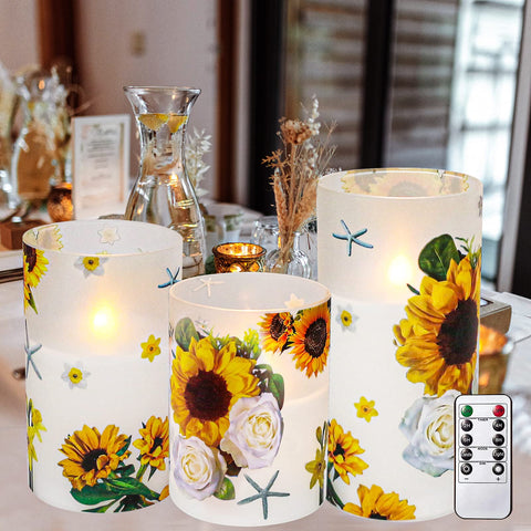 ANYGIFT sunflower flameless candle set with glass-waxed finish for safe home ambiance.