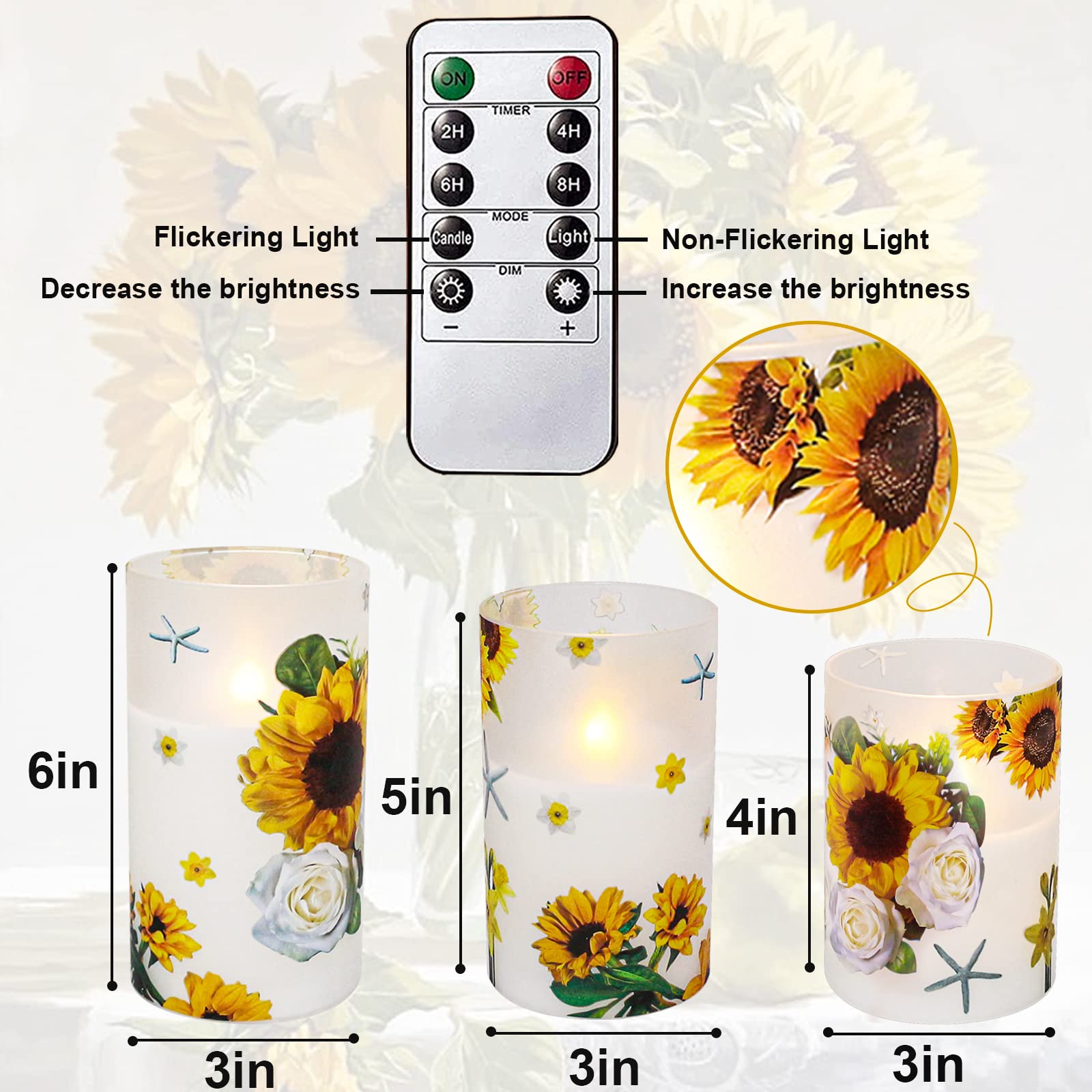 ANYGIFT sunflower LED candle close-up reveals authentic wax-glass detail.