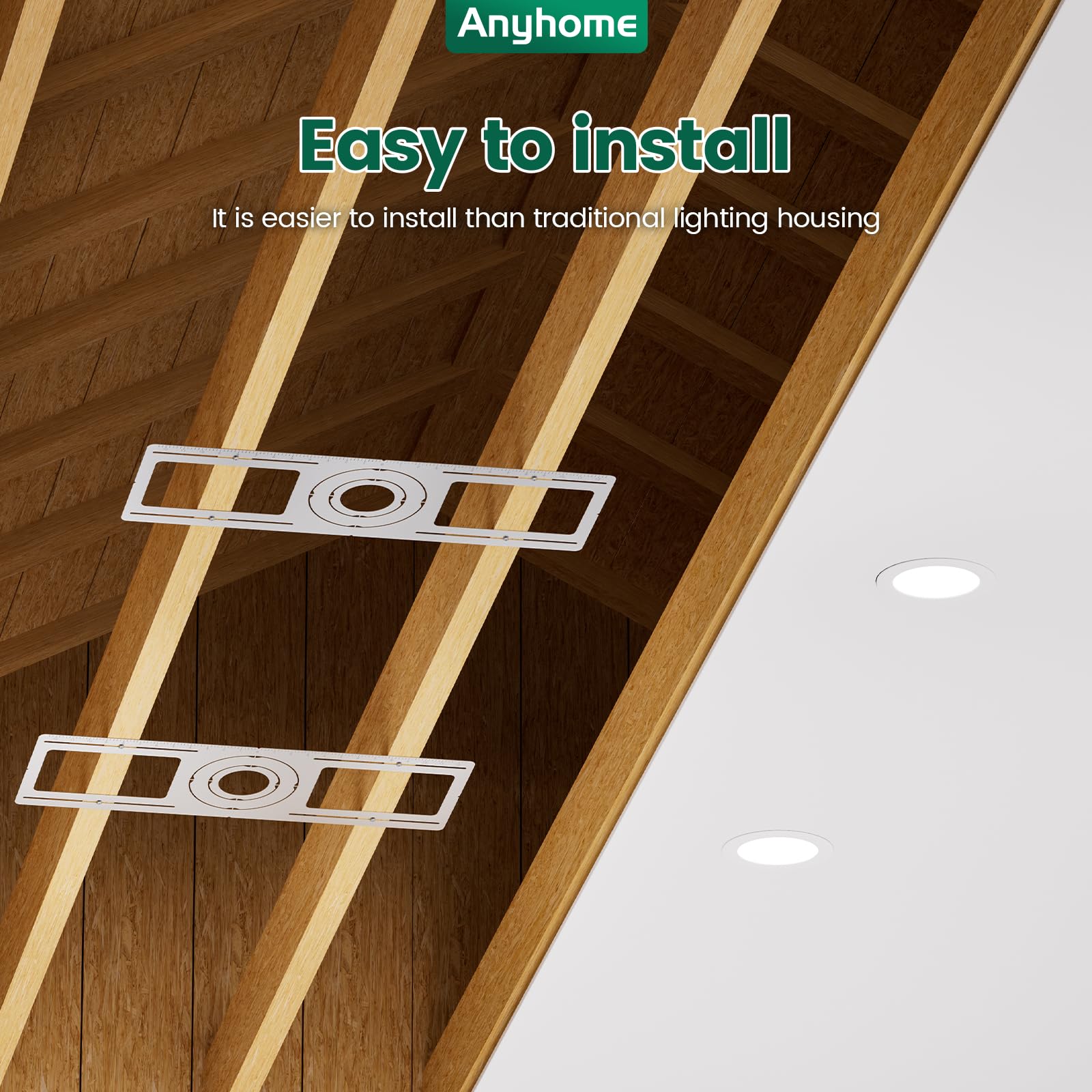 Anyhome round-hole mounting plate fits 6-inch LED recessed lights for flexible layouts.