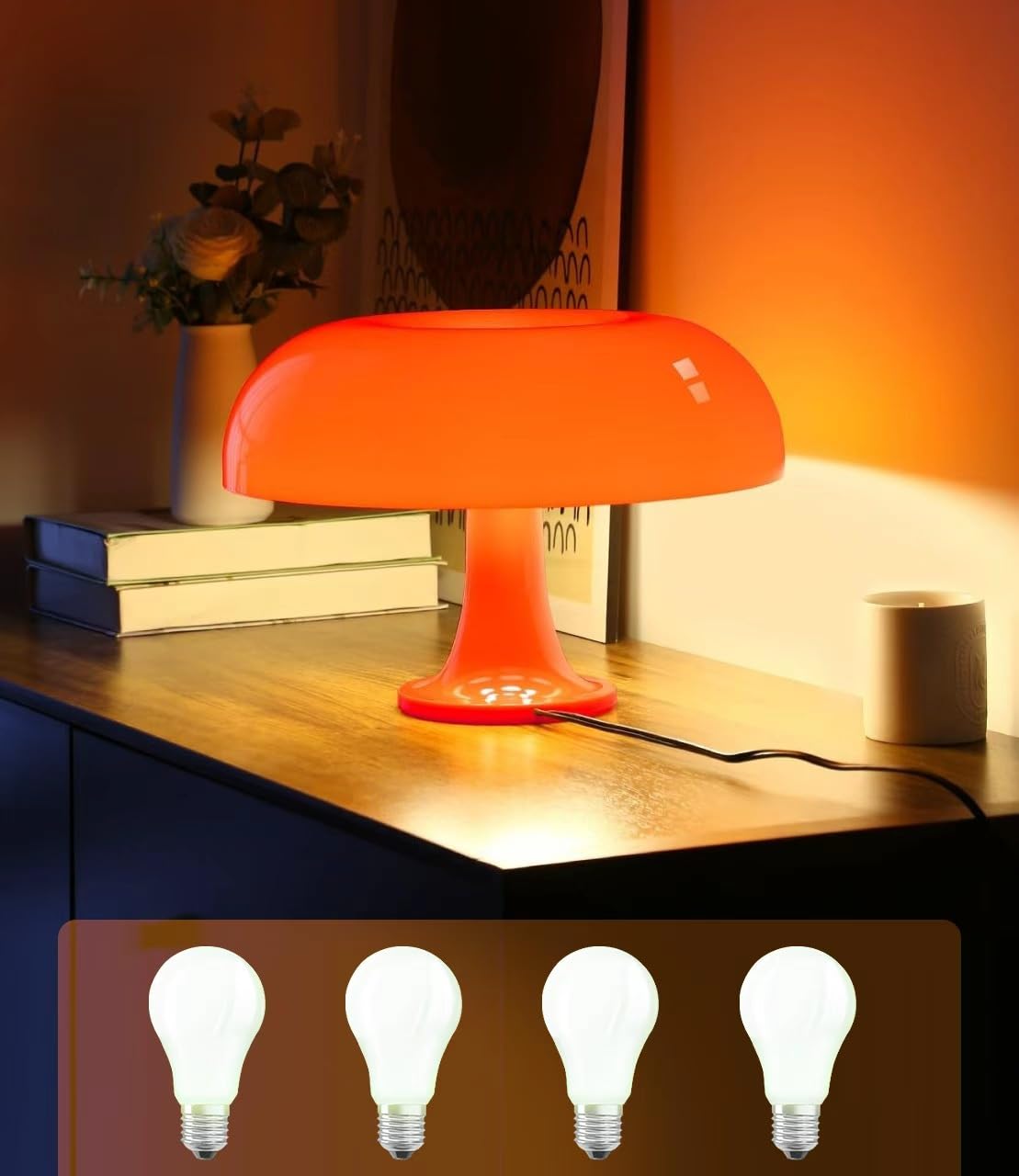 Anykonio orange mushroom lamp front view for warm ambience and modern decor.
