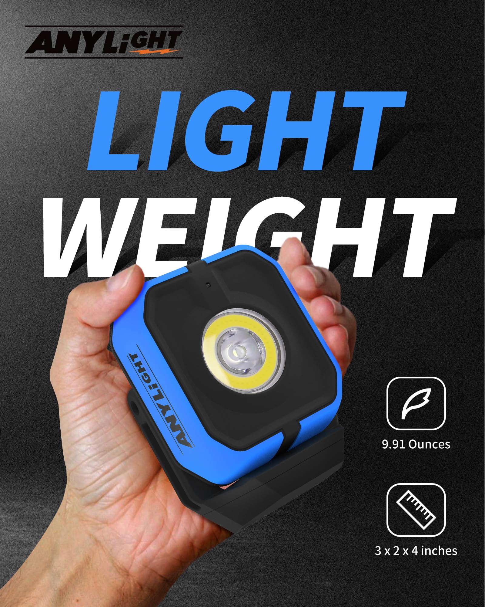 Anylight 150-degree rotation allows flexible multi-angle lighting.