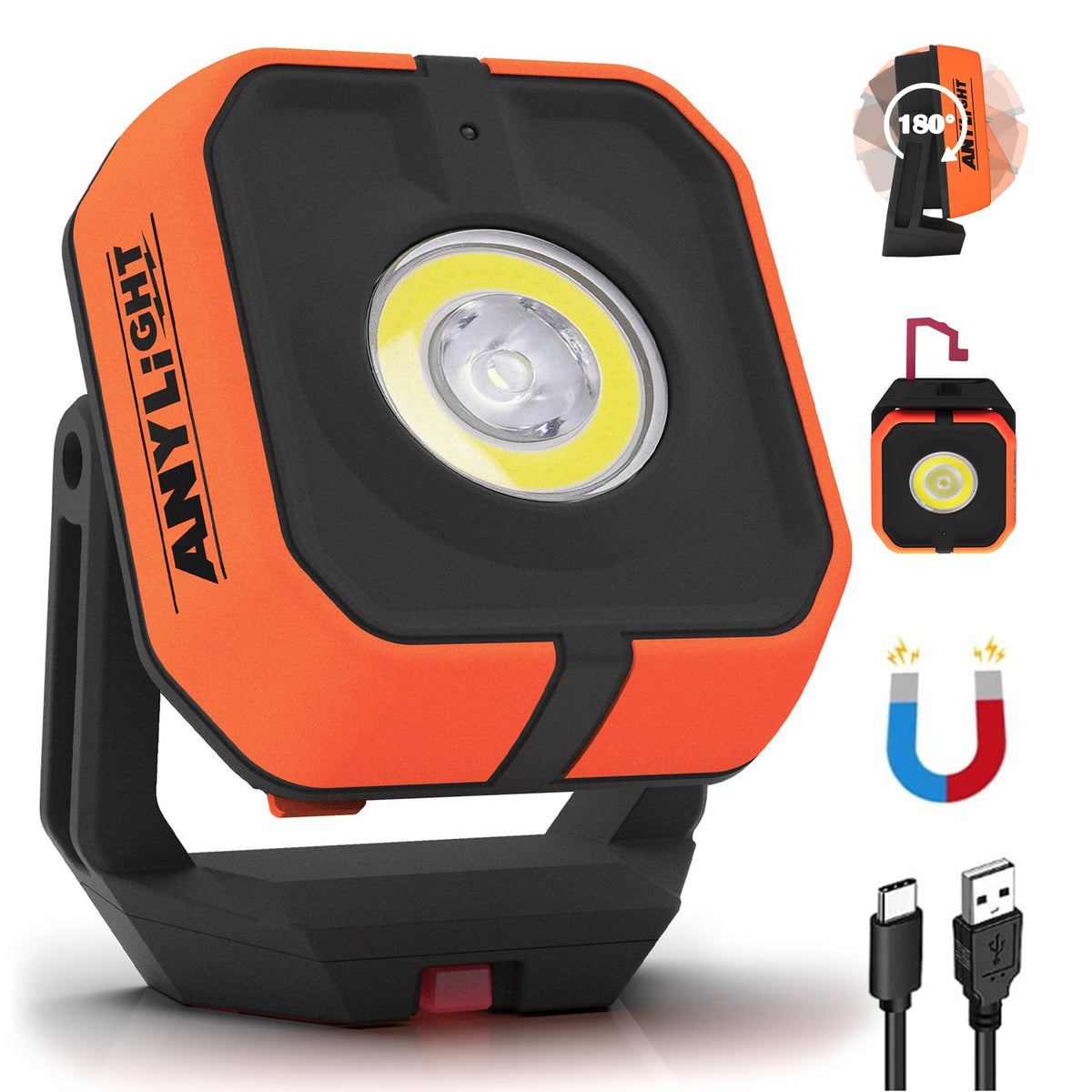 Anylight work light attached to a metal surface with magnetic base for hands-free repair