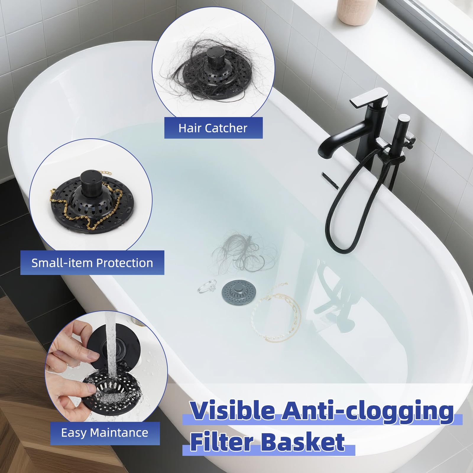 Anylock 3in1 bath drain stopper filters while draining efficiently.