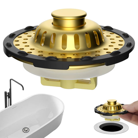 Anylock universal bathtub drain stopper with visible top basket for debris collection.