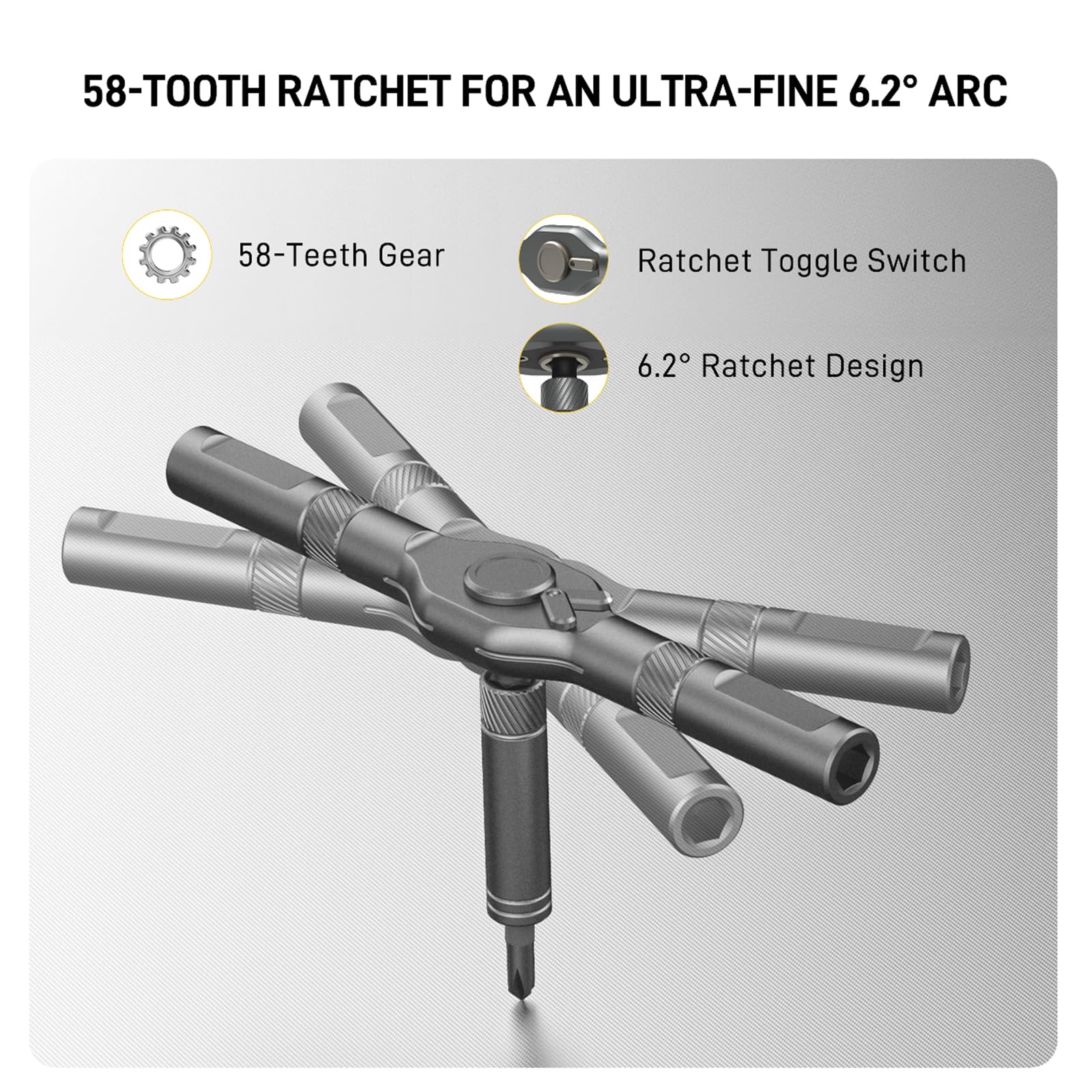 58-tooth ratchet mechanism enabling smooth tightening and steady control.