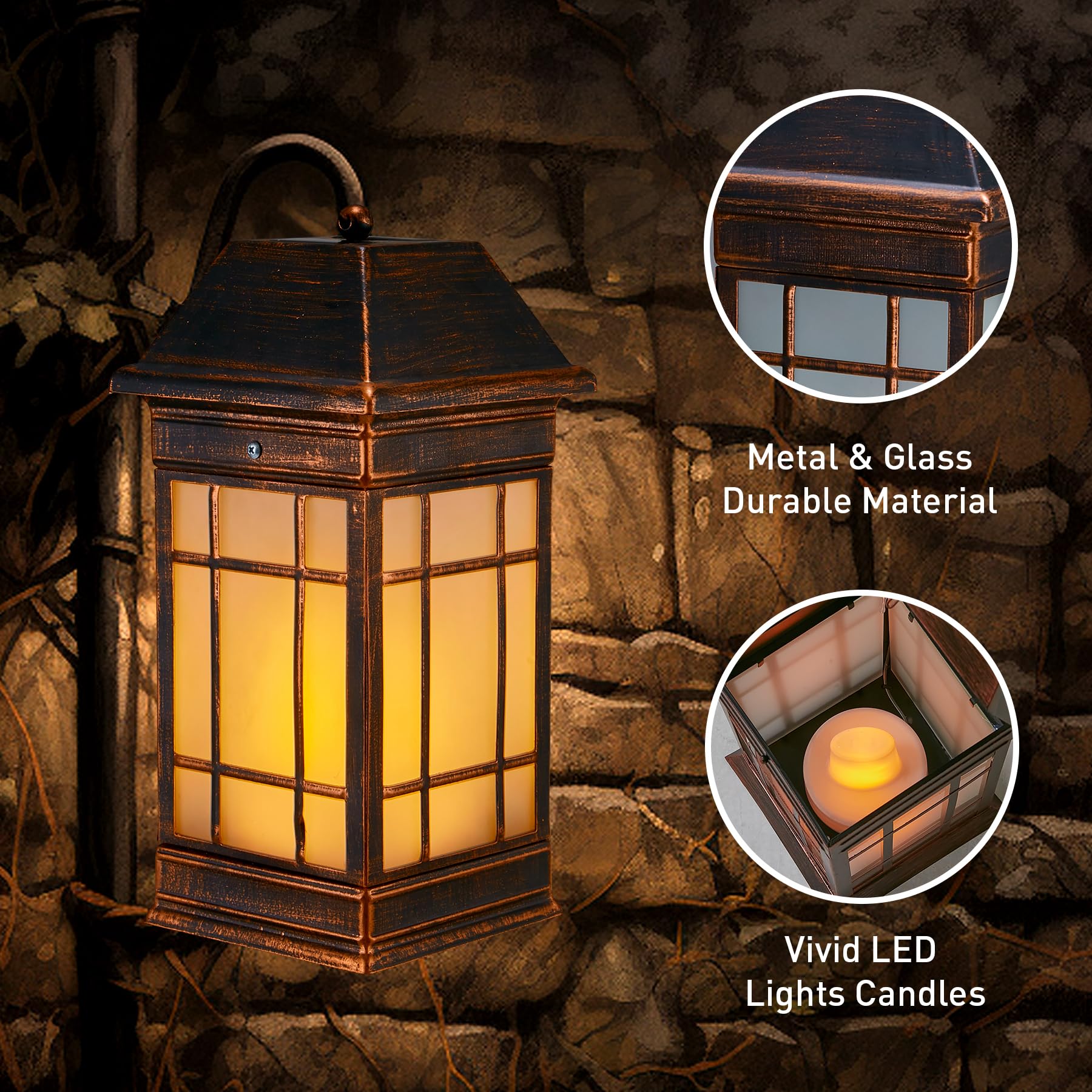 Anyperfect lantern's vintage black finish adds elegance to patios.
