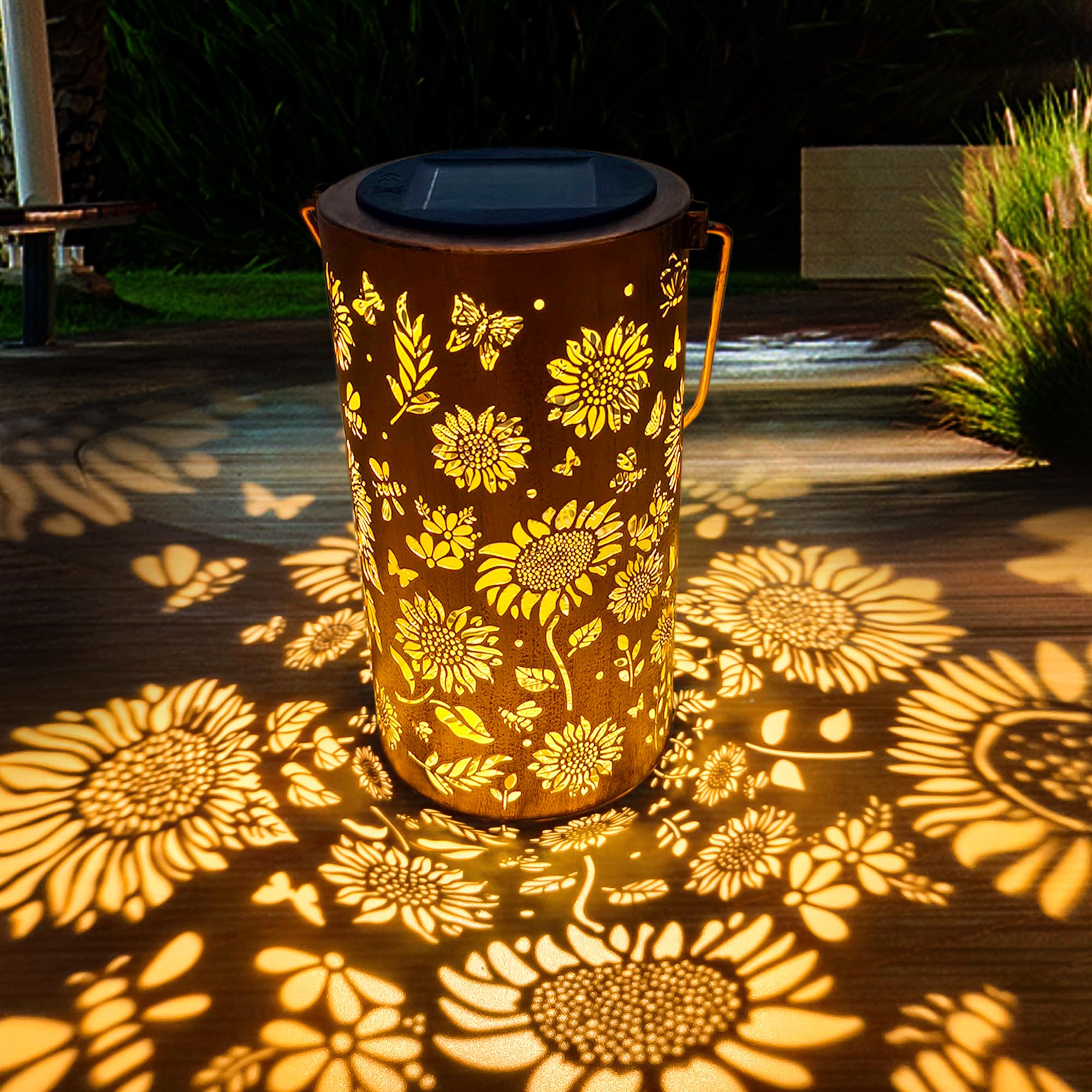 ANYTALK sunflower solar lantern pattern casts warm wall shadows