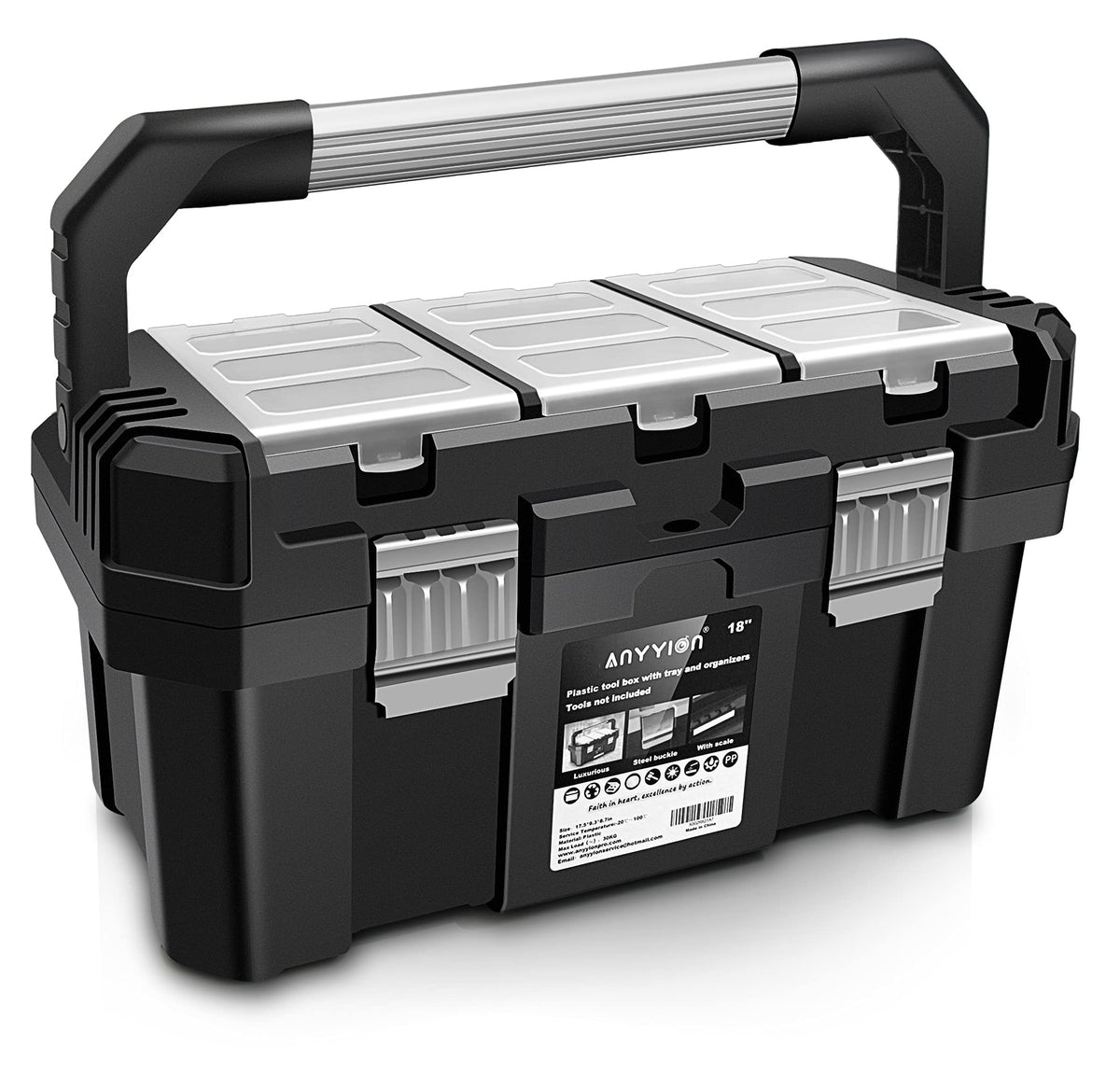 Anyyion 17-Inch toolbox front view with removable tray for easy organization.