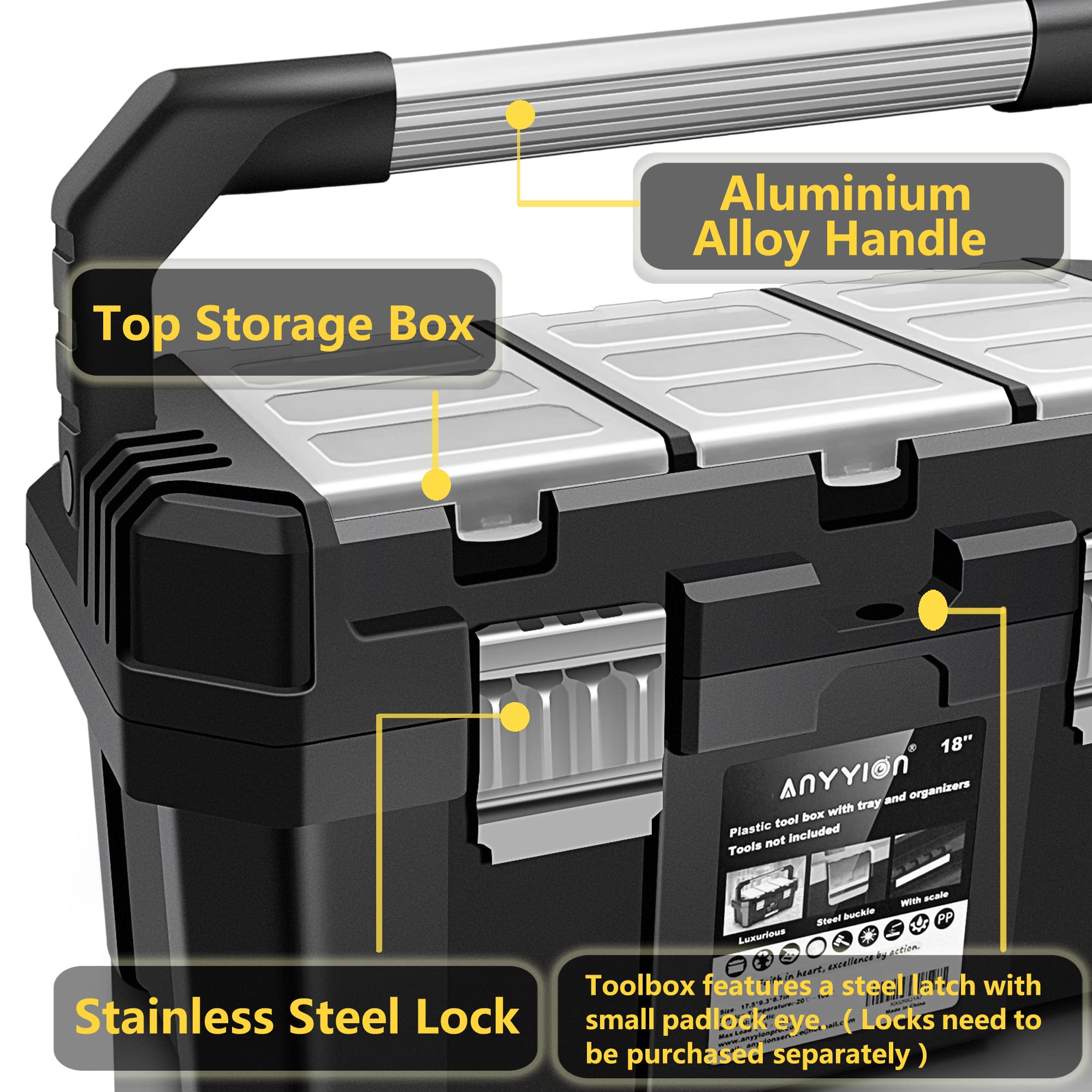 Anyyion 17-Inch toolbox with stainless steel lock enhances security on site.