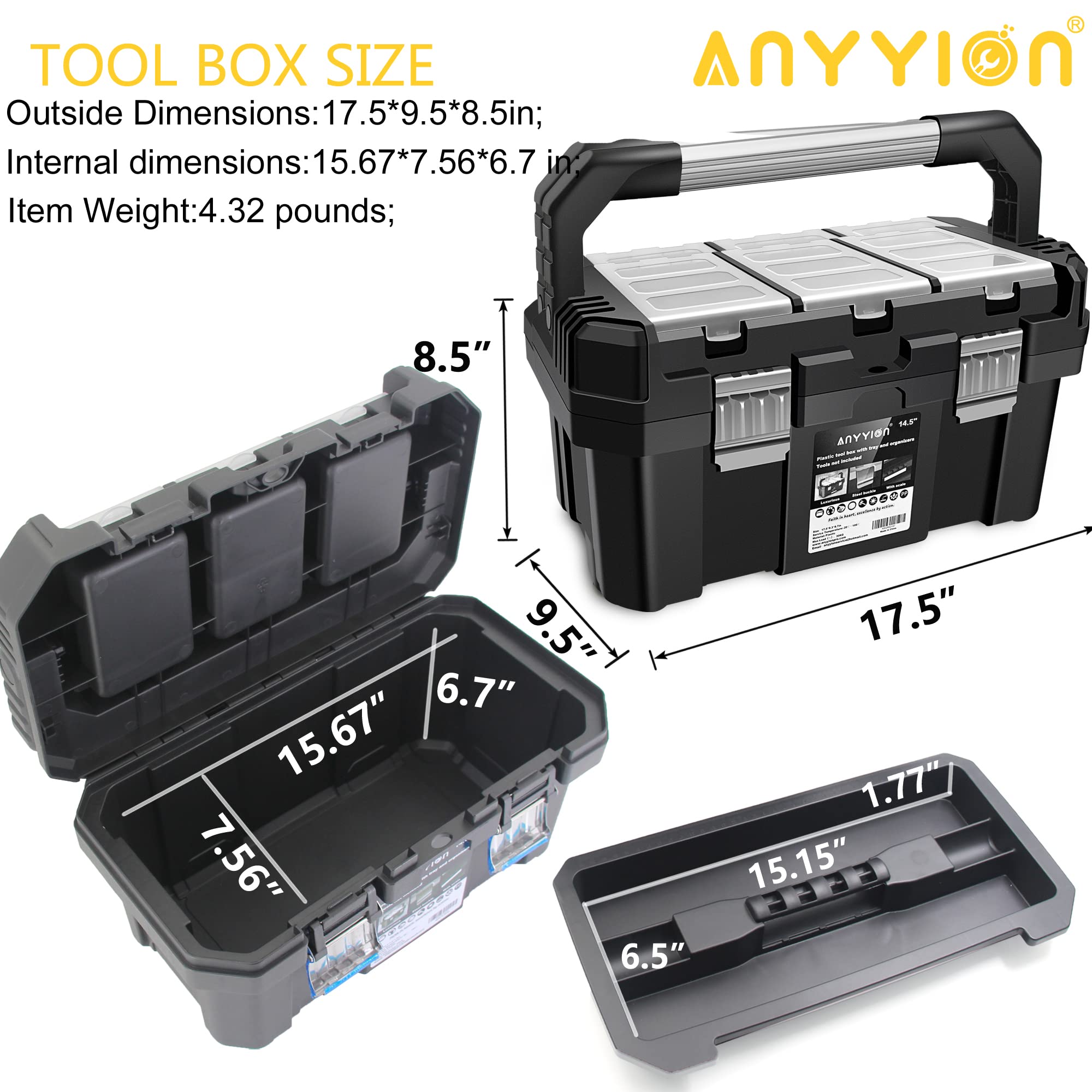 Anyyion 17-Inch toolbox top storage tray keeps small parts organized.