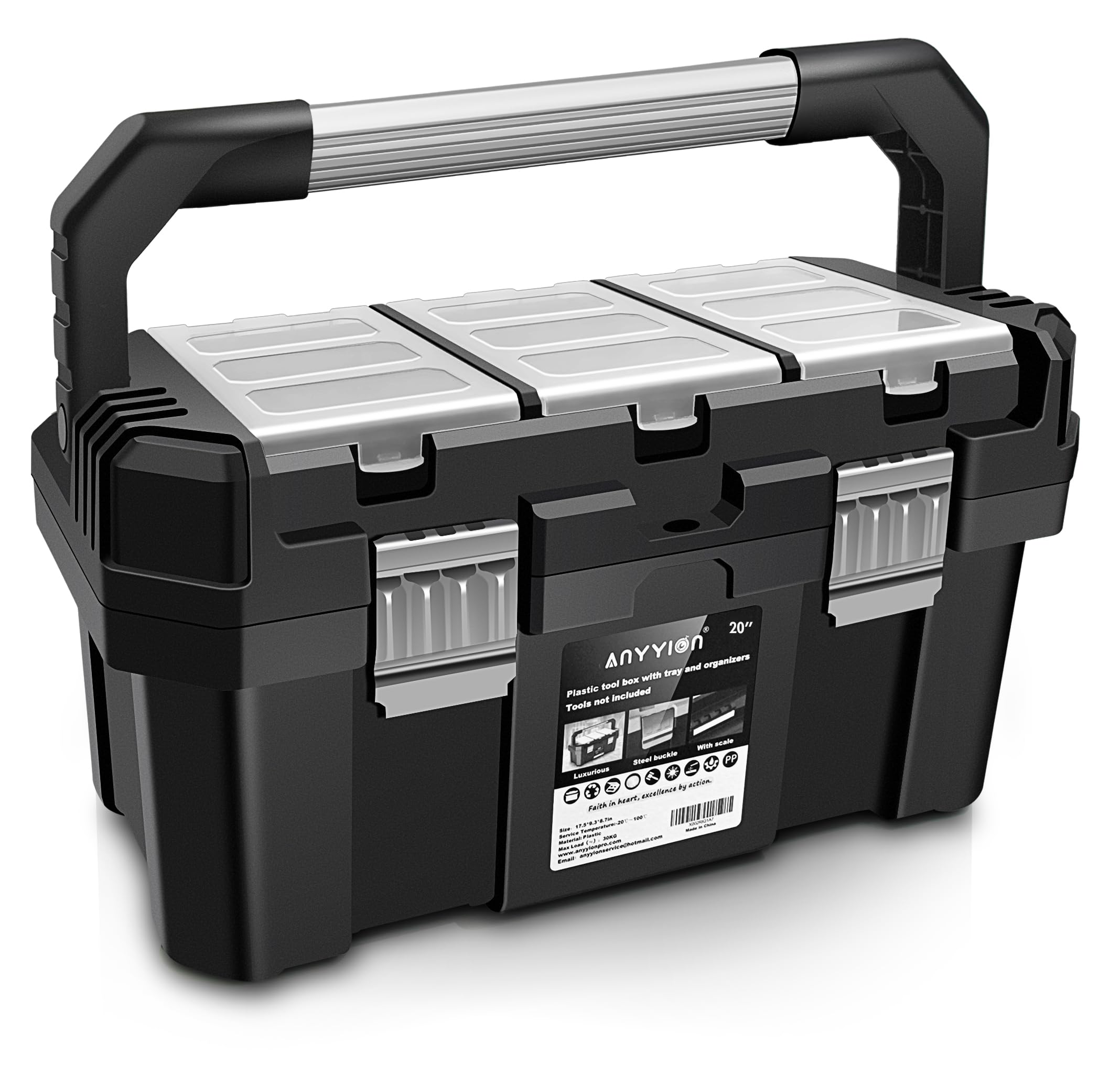 Anyyion 19-inch toolbox with removable tray keeps tools organized for easy access on the job site.