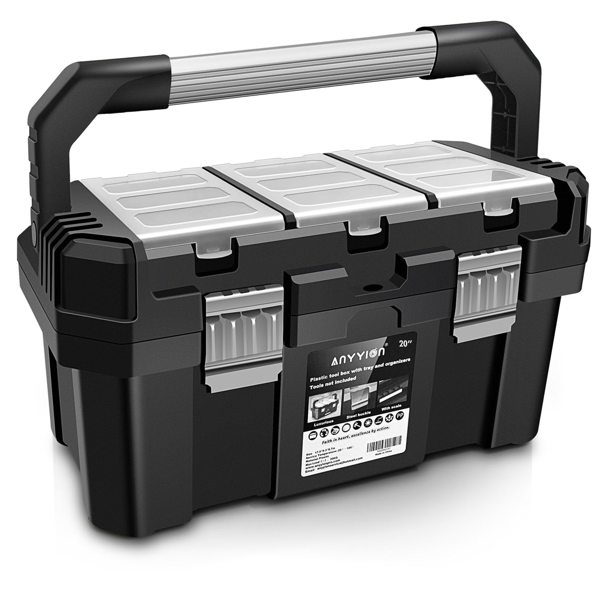 Anyyion 19-inch toolbox with removable tray keeps tools organized for easy access on the job site.