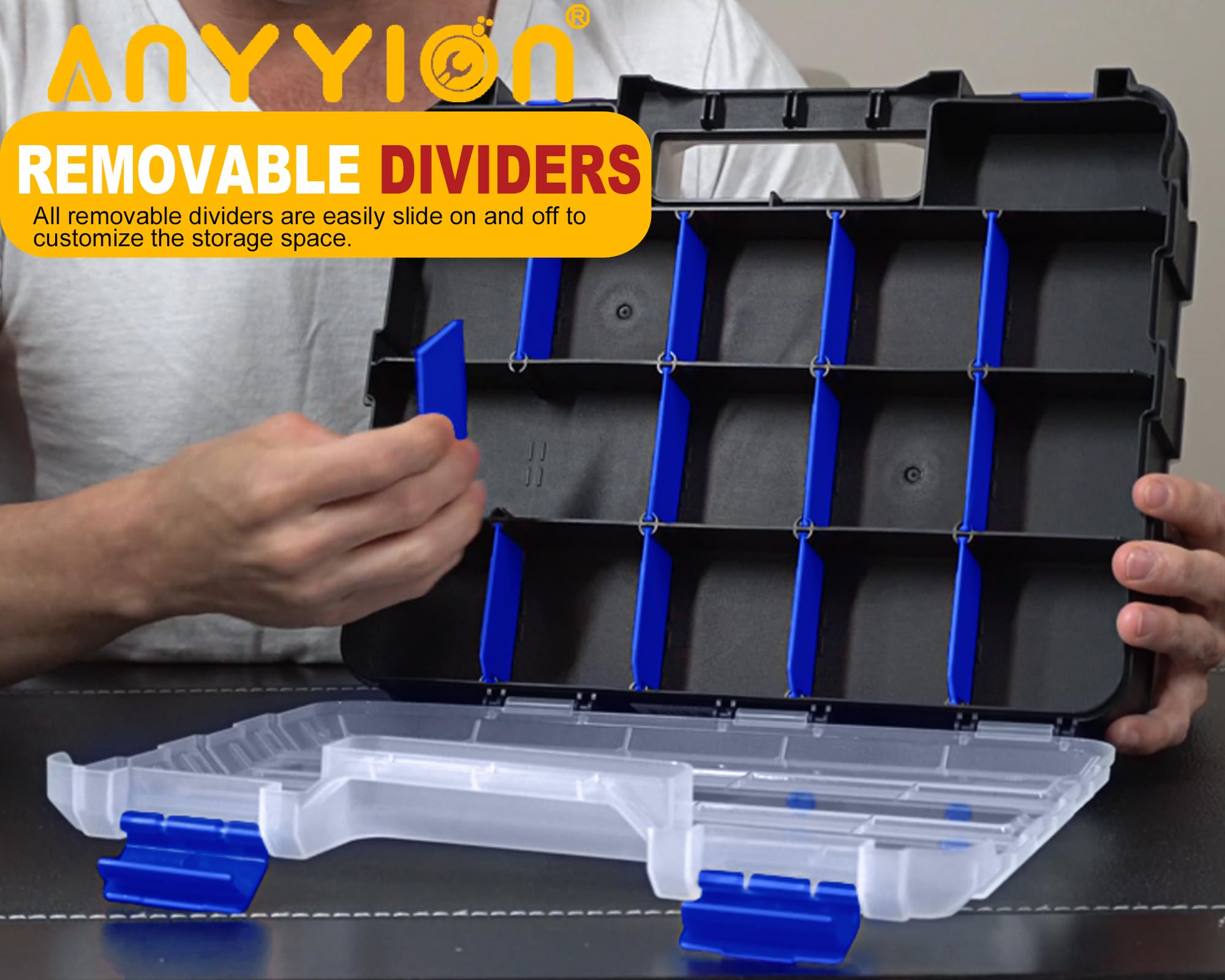 Anyyion small parts organizer with transparent lids for easy part visibility.