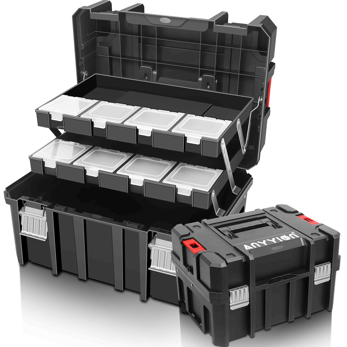 Anyyion tool box foldable three-tier tray for organized storage on jobsites