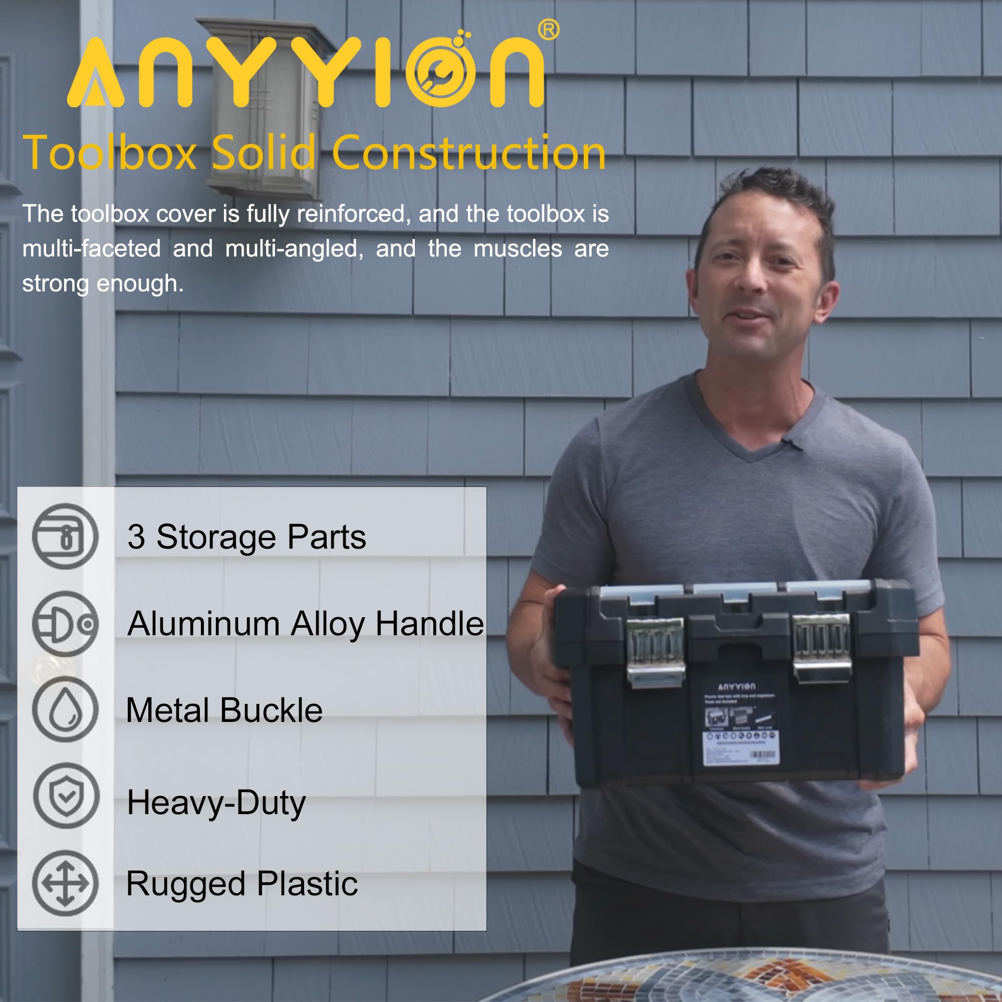 Anyyion toolbox metal handle and latch provide secure, comfortable carrying.