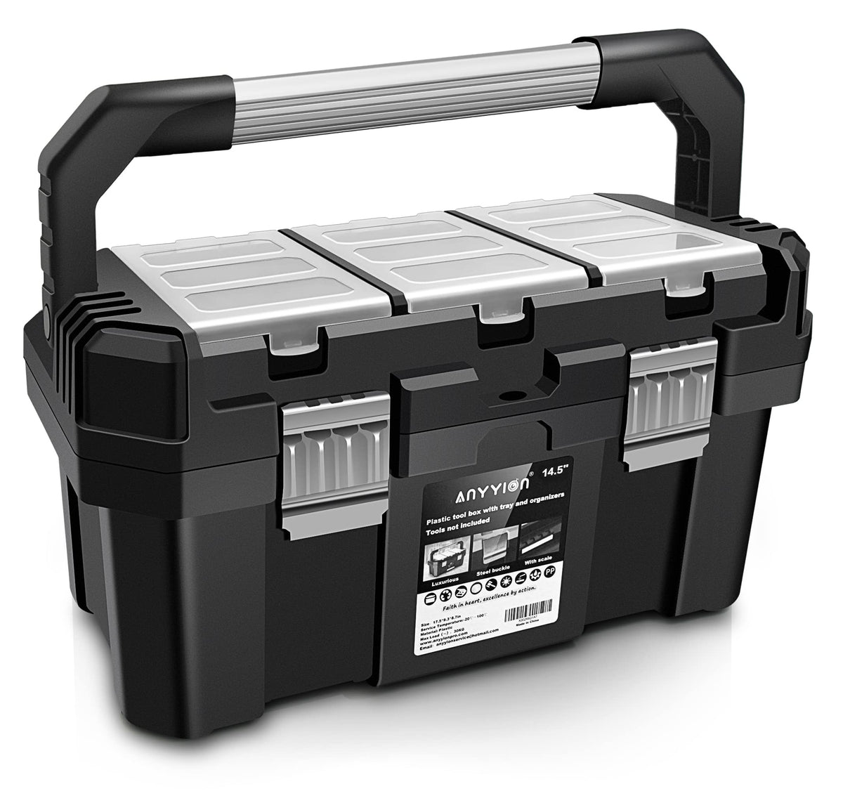 Anyyion toolbox with removable tray seen from top view for fast access to small parts.