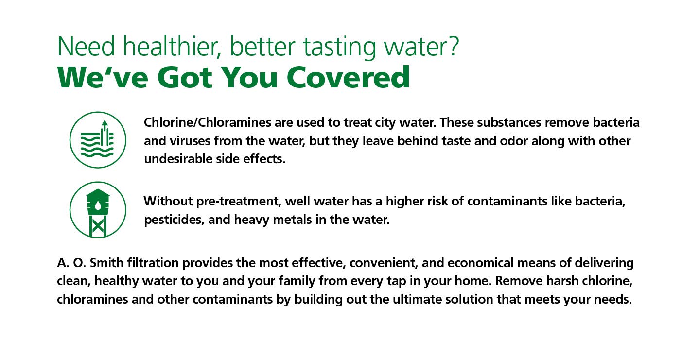 AO Smith chlorine reduction graphic emphasizing taste and odor improvement