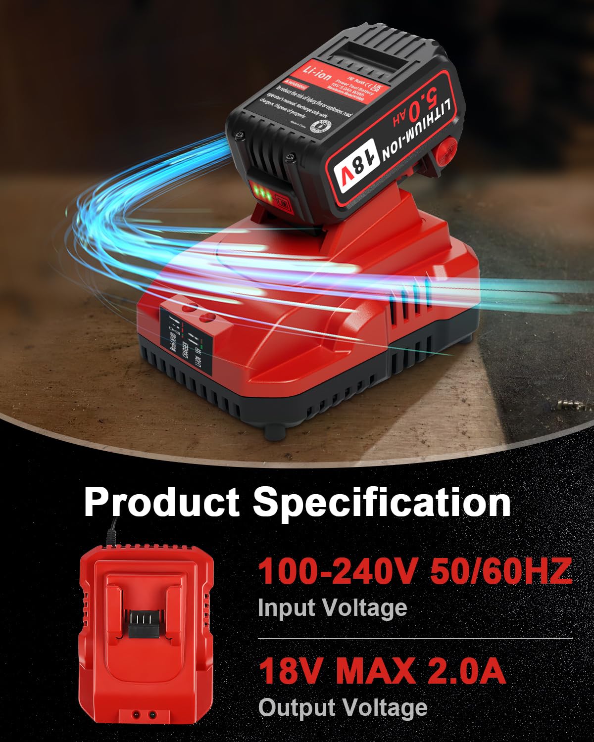 Aoasur Milwaukee 18V charger 48-59-1801 with indicators.
