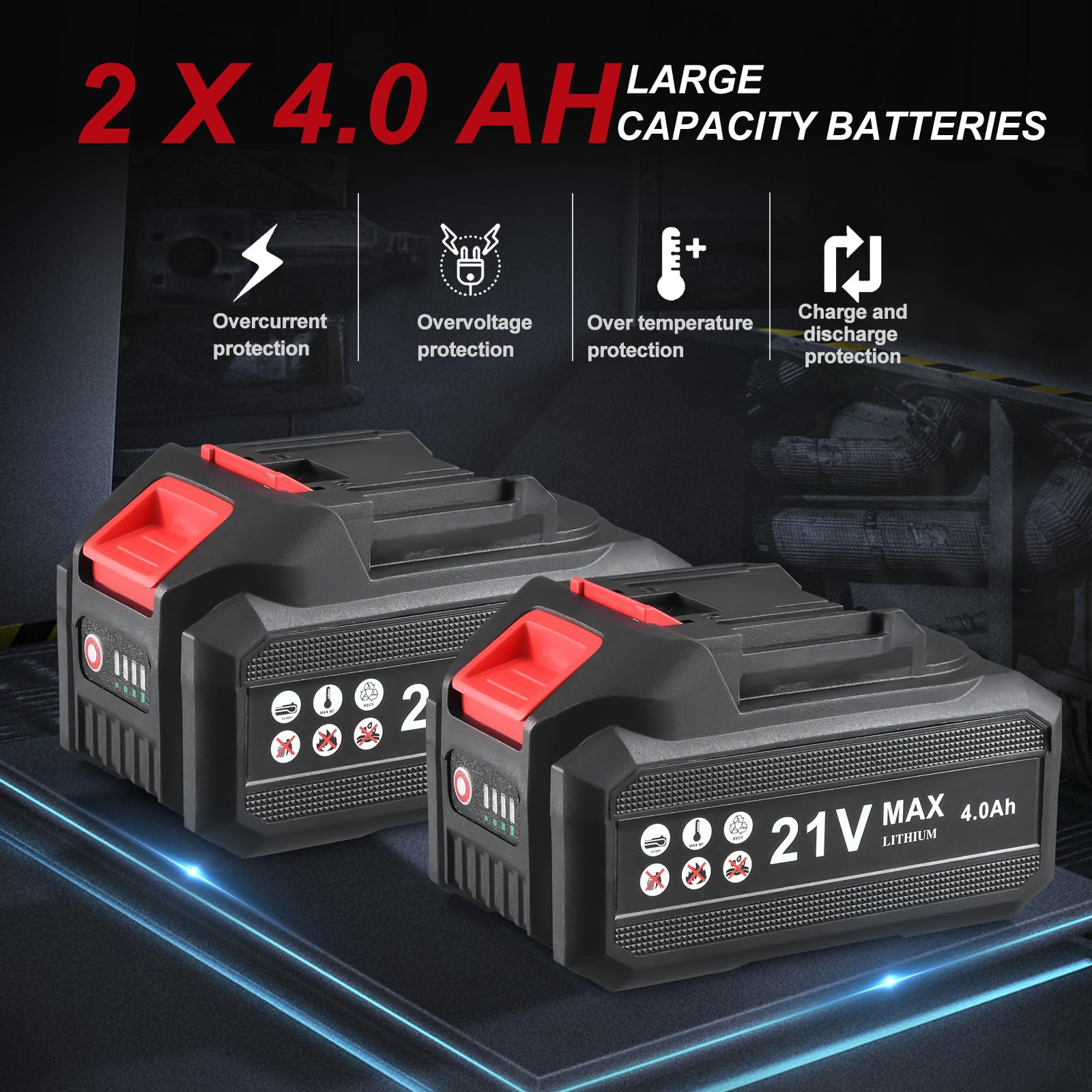 Charger and extra batteries provide continuous operation without cords