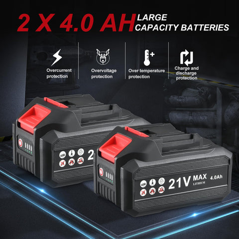 Charger and extra batteries provide continuous operation without cords