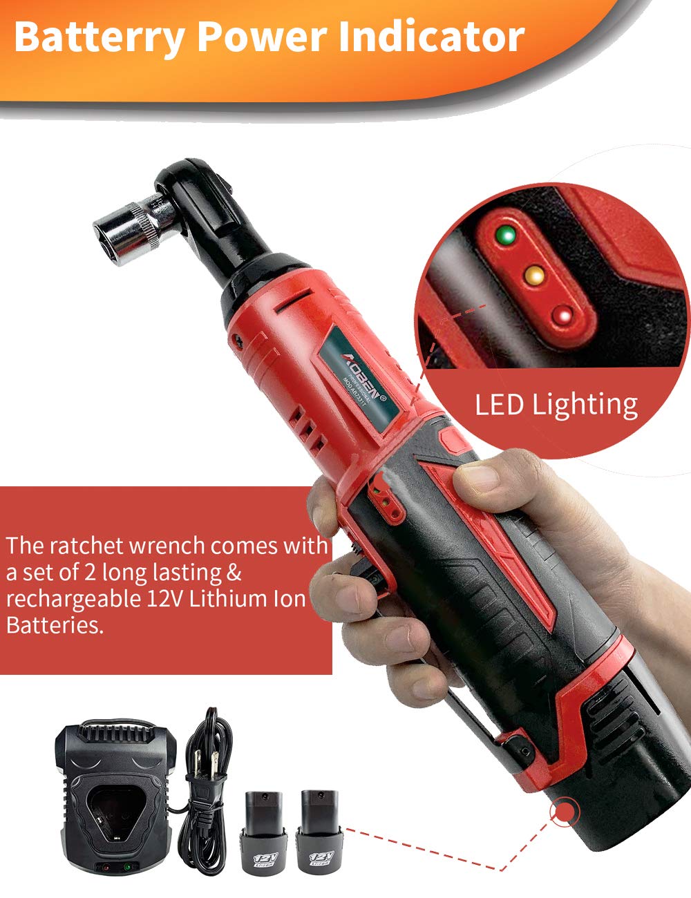 AOBEN cordless ratchet wrench operating at 280 rpm for fast fastening