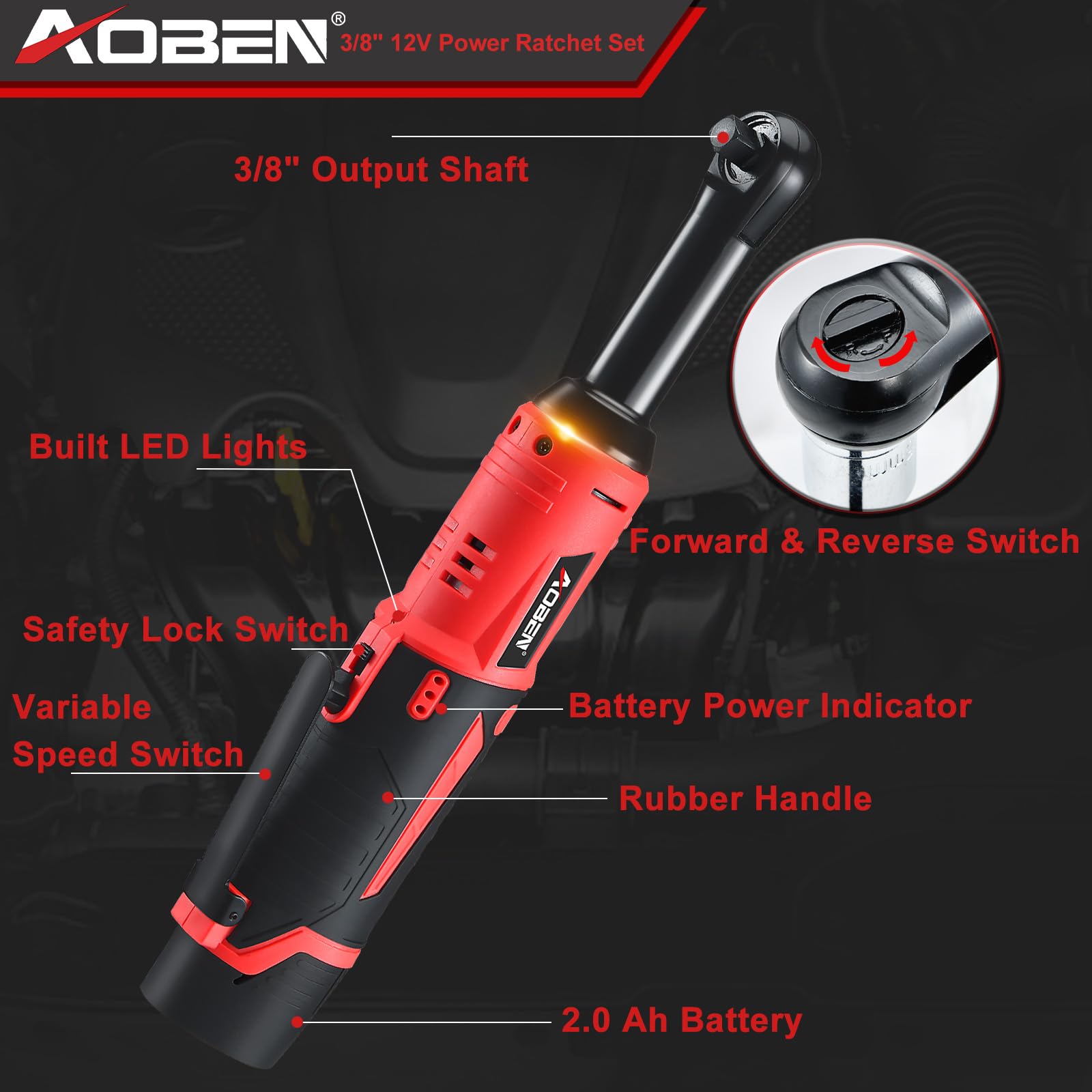 AOBEN ratchet wrench LED light brightens dark work areas for better visibility.