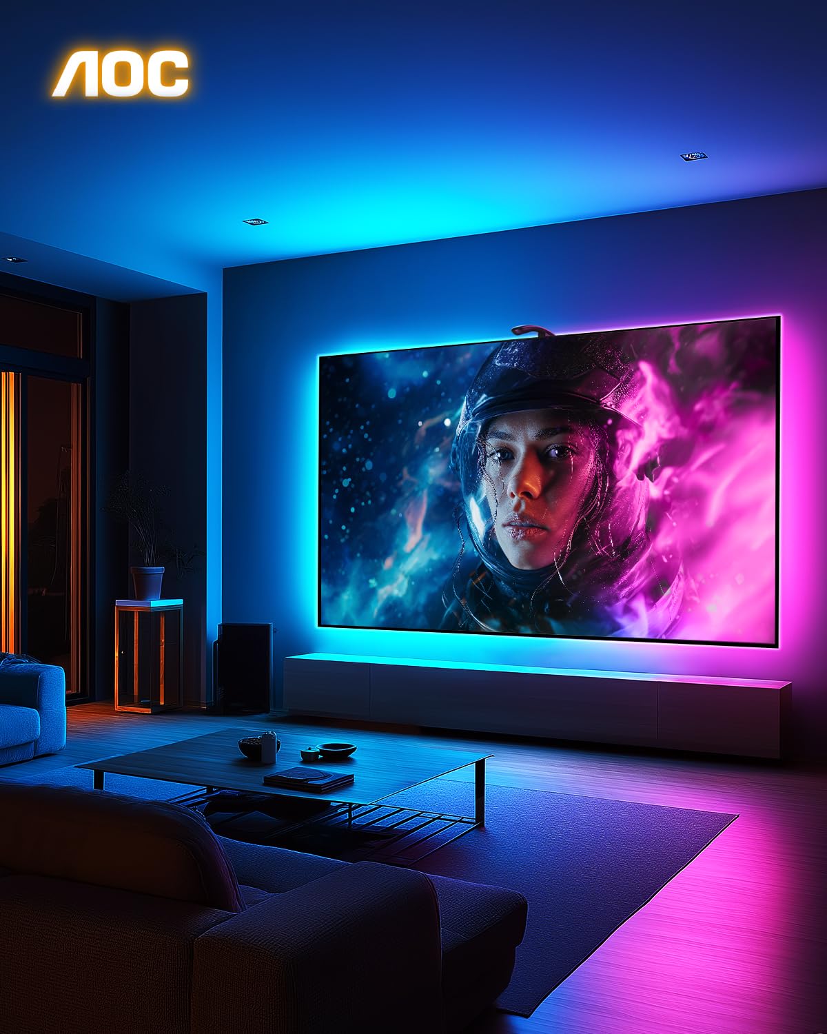 AOC backlight behind monitor sync creates immersive ambience.