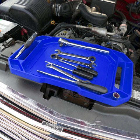 Aocoom multi-use tool tray on car hood for automotive projects.