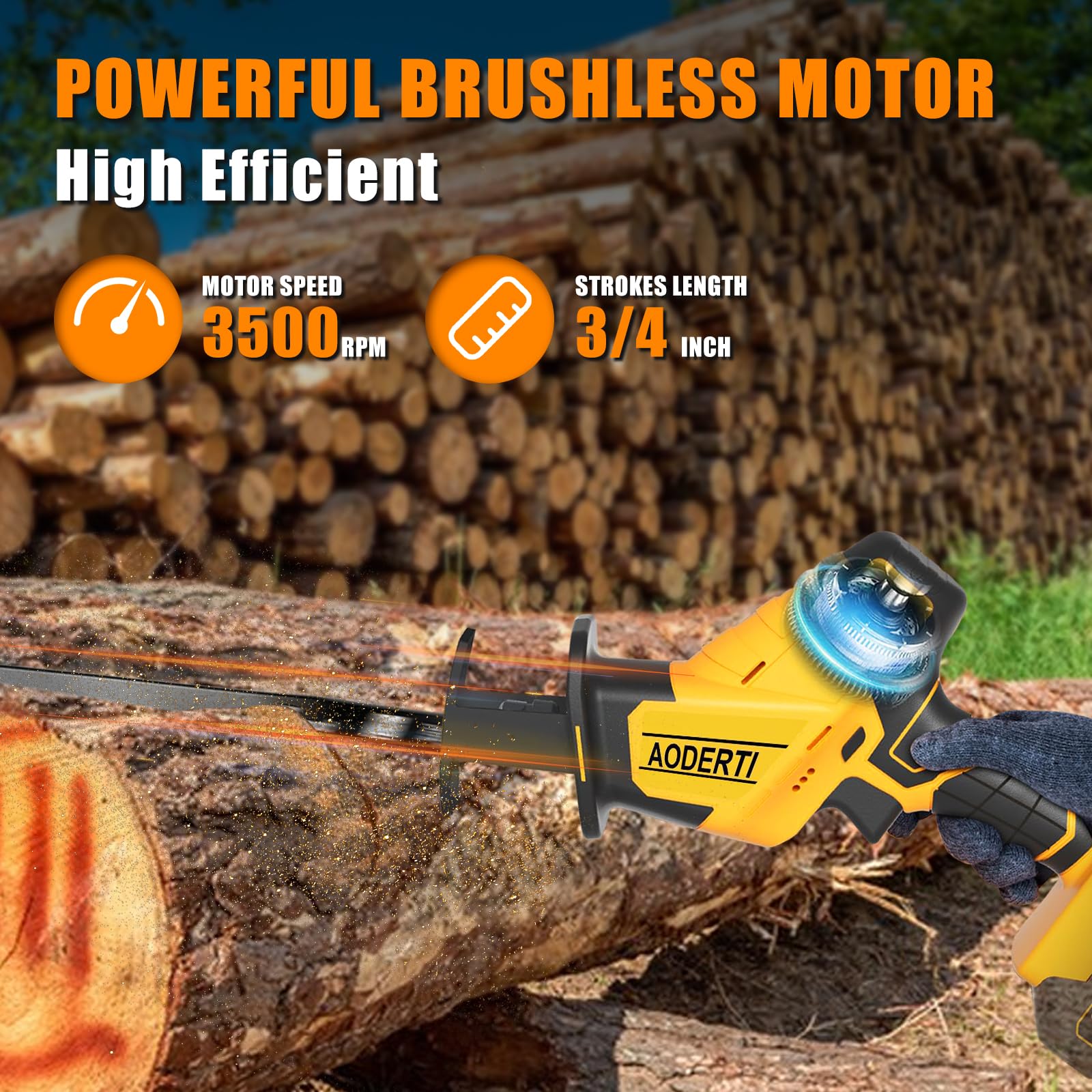 AODERTI cordless reciprocating saw showing DEWALT 20V Max battery compatibility on site.