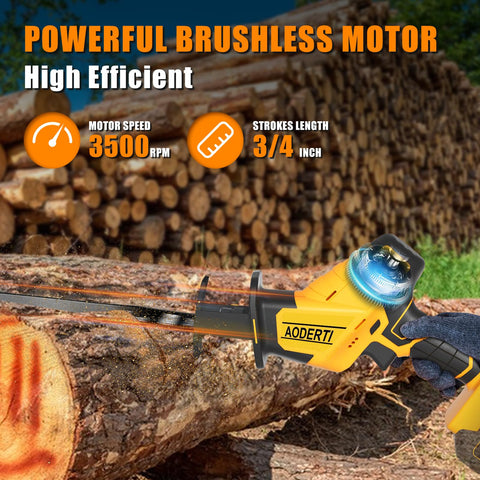 AODERTI cordless reciprocating saw showing DEWALT 20V Max battery compatibility on site.