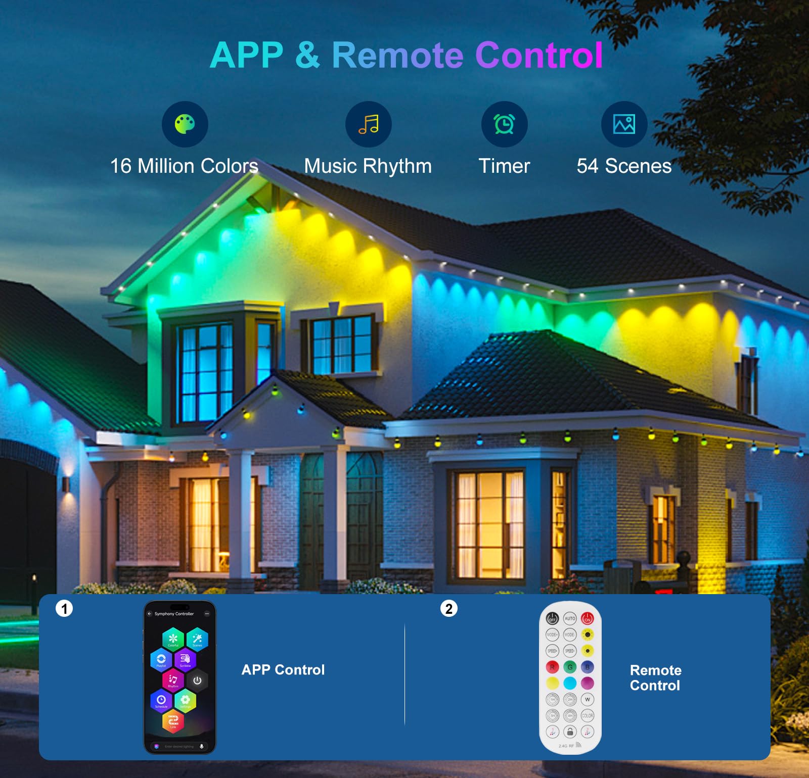 Aogled RGBIC eave lights display vibrant multi‑color scenes for outdoor parties.