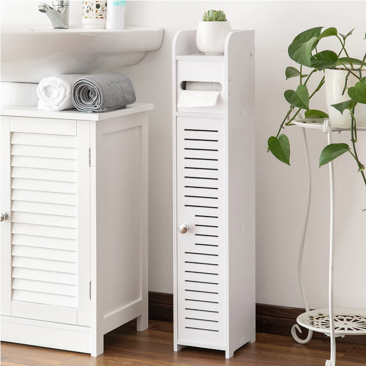 AOJEZOR toilet paper holder stand, front view, ideal for small bathrooms.
