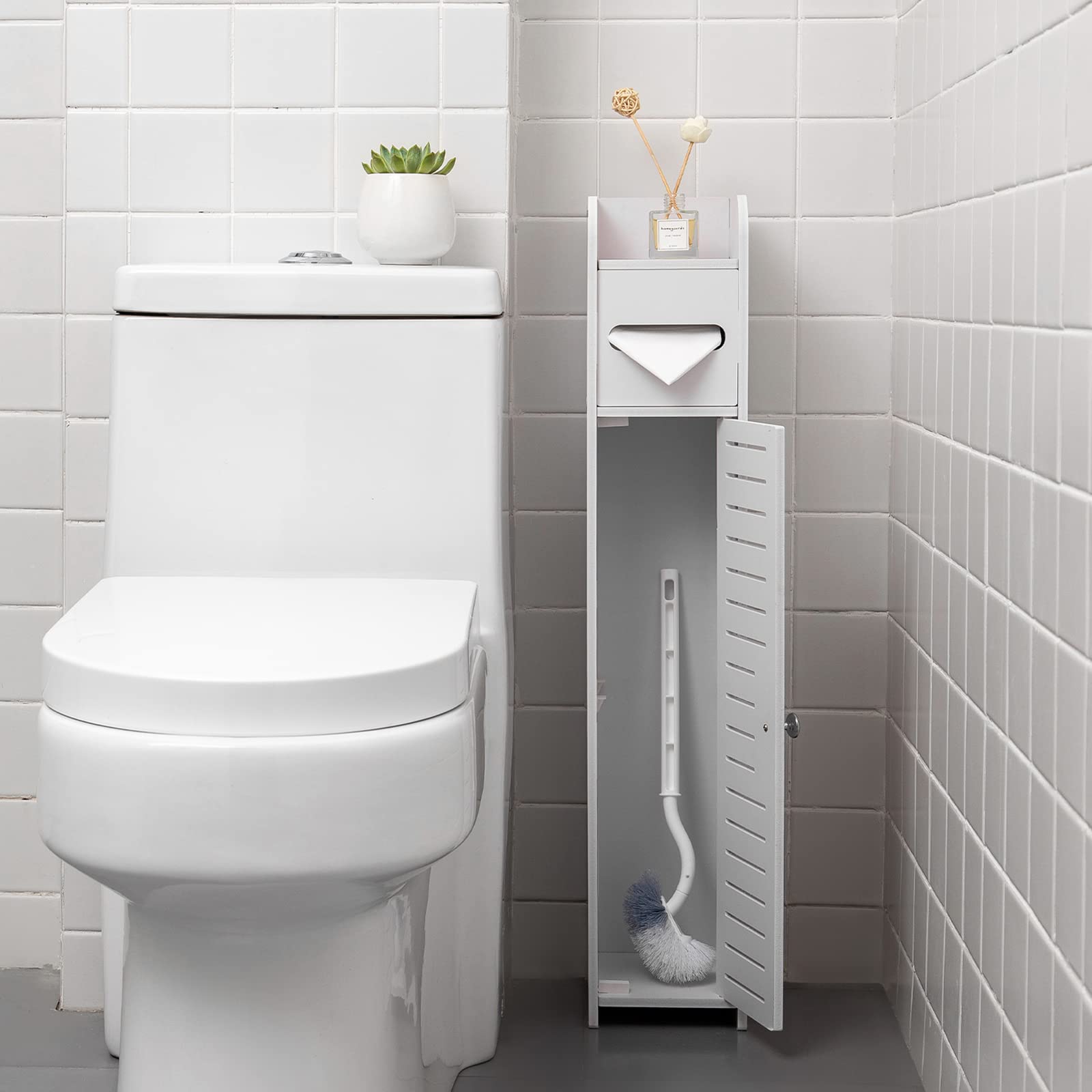 AOJEZOR toilet paper holder stand in bathroom scene, showcasing compact storage and function.