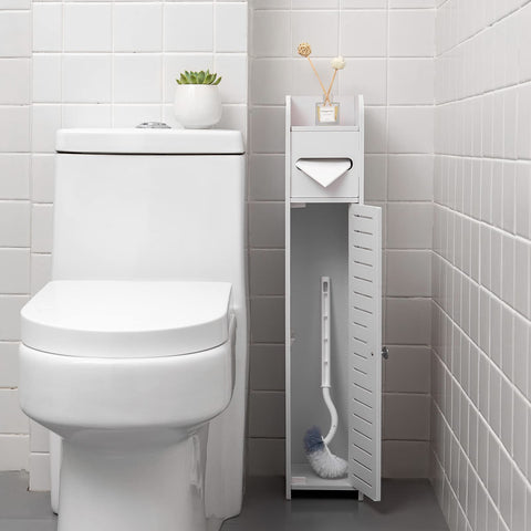 AOJEZOR toilet paper holder stand in bathroom scene, showcasing compact storage and function.