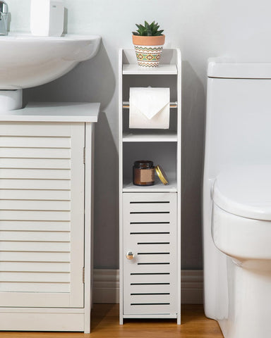AOJEZOR Toilet Paper Holder Stand middle tier keeps rolls and supplies organized.