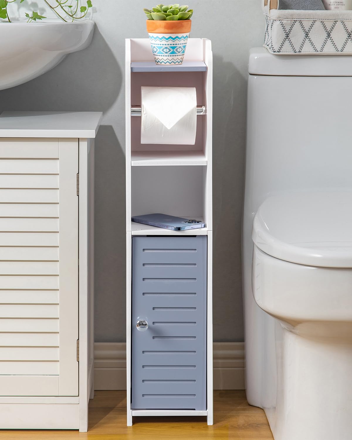 AOJEZOR toilet paper holder stand with light grey finish keeps rolls neatly at hand