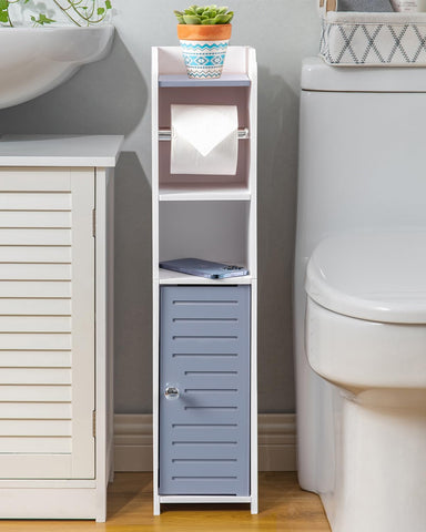 AOJEZOR toilet paper holder stand with light grey finish keeps rolls neatly at hand