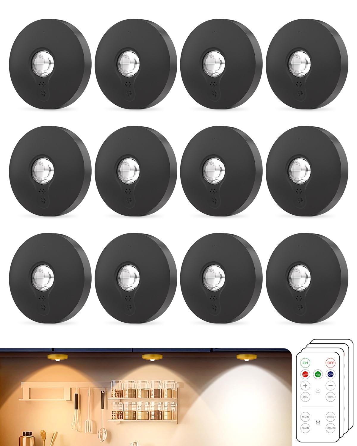 Aokpsrt rechargeable puck light installed in a kitchen cabinet for bright task lighting.