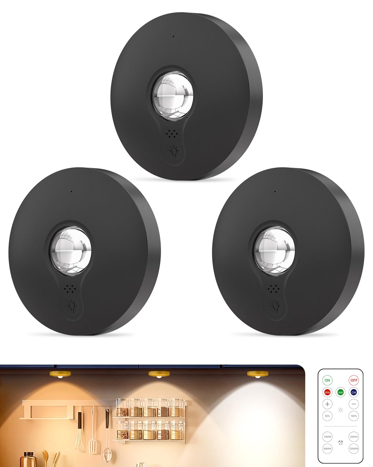 Aokpsrt rechargeable puck light with remote, left view for cabinet lighting.