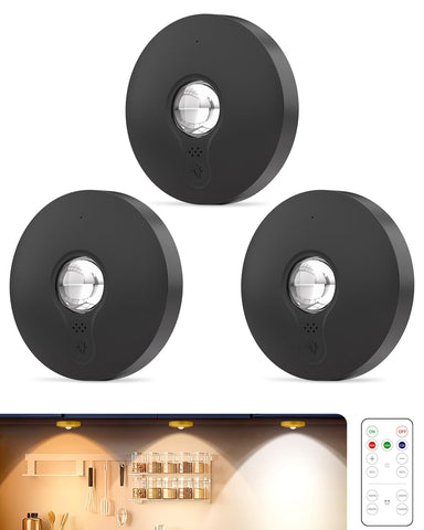 Aokpsrt rechargeable puck light with remote, left view for cabinet lighting.