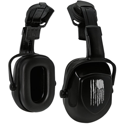 Aolamegs hearing protection earmuffs attached to a slotted helmet for safe work