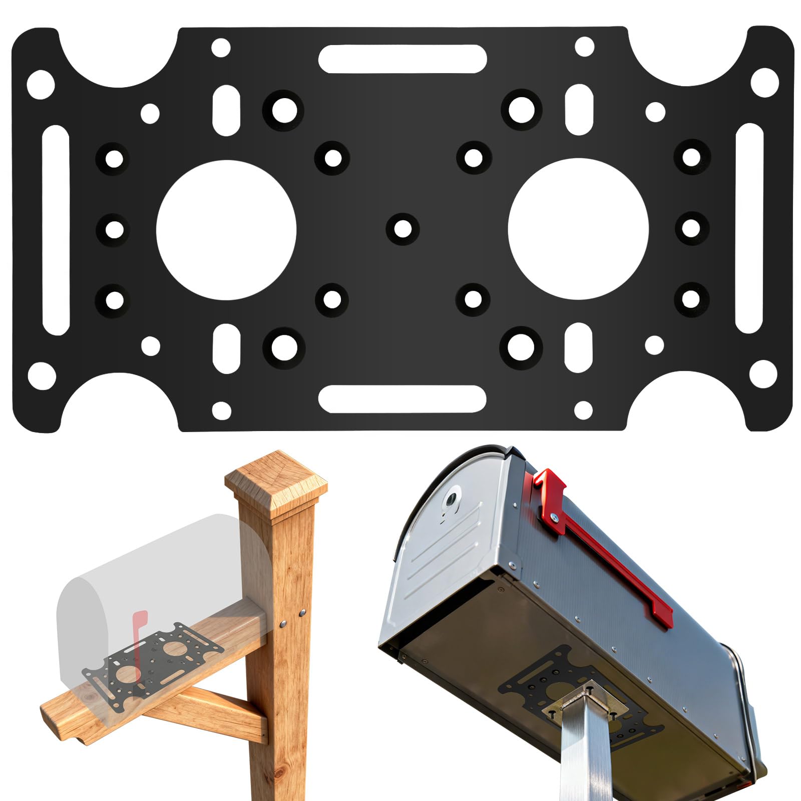 Aolamegs mailbox post mount bracket front view with universal hole pattern.