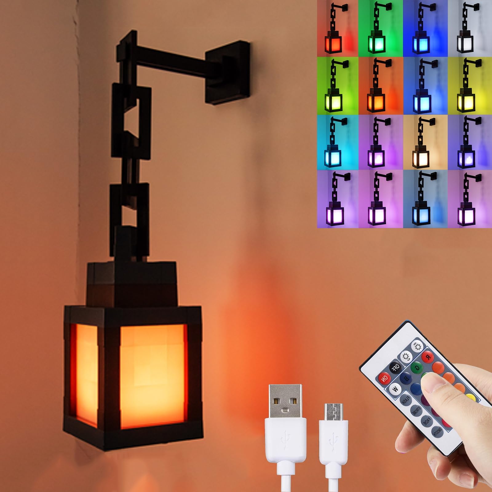AOLBSPD Pixelated Lantern Night Light on bedside table with remote ready for color changes