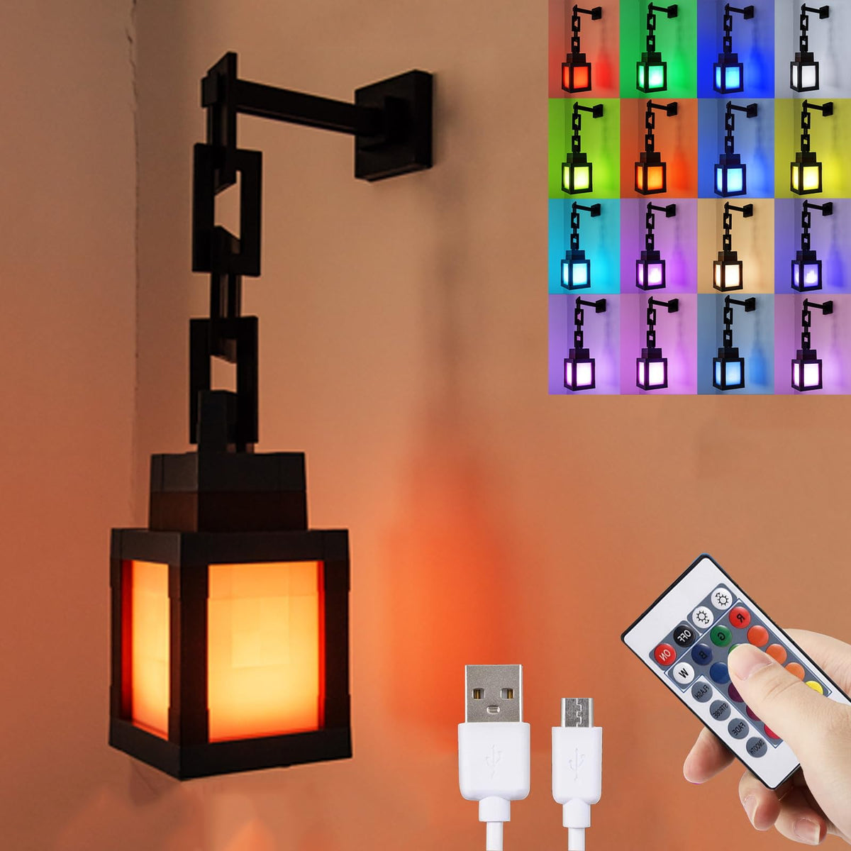 AOLBSPD Pixelated Lantern Night Light on bedside table with remote ready for color changes