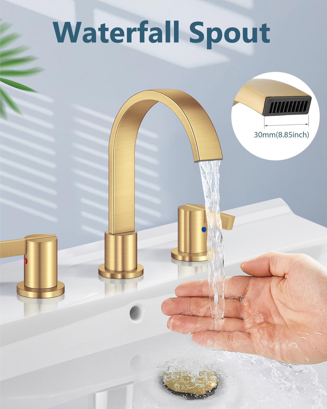 Aolemi brushed gold waterfall spout highlighting steady water flow